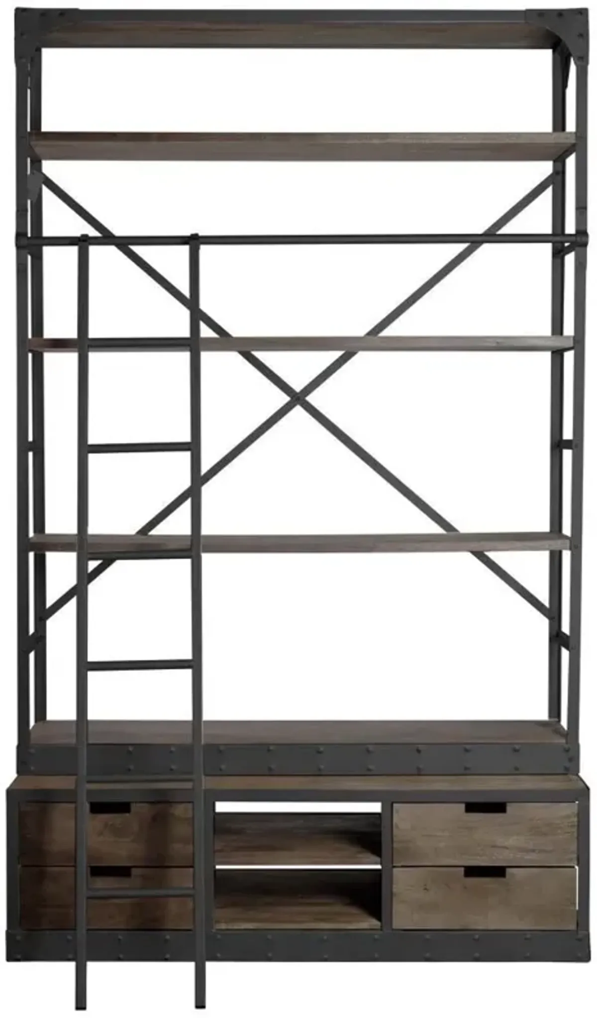 Wood Shelving Unit With Gun Metal Ladder And 4 Shelves - Brown