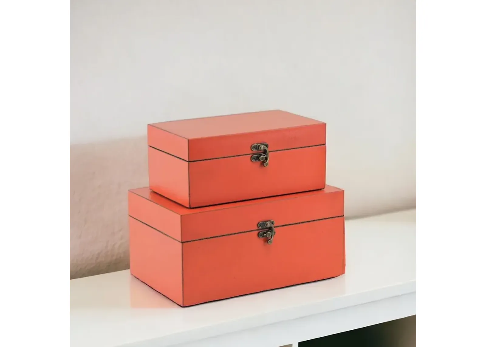 Wooden Storage Boxes (Set of 2) - Coral