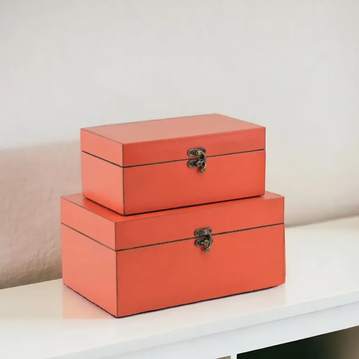 Wooden Storage Boxes (Set of 2) - Coral