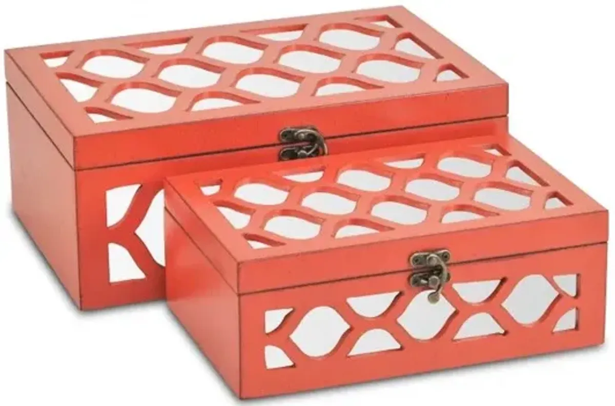 Quatrefoil Mirror Jewelry Storage Boxes (Set of 2) - Coral