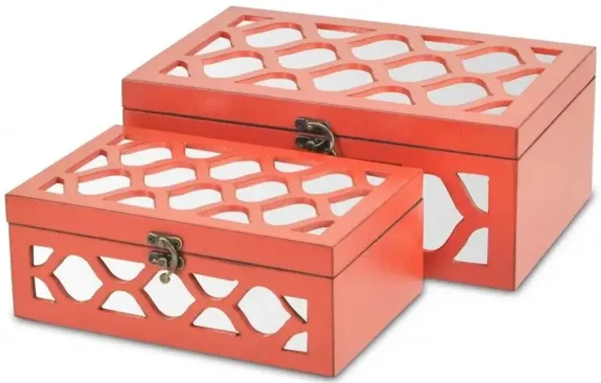 Quatrefoil Mirror Jewelry Storage Boxes (Set of 2) - Coral