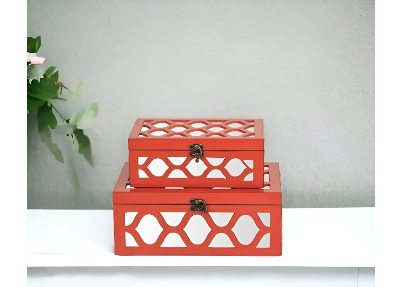 Quatrefoil Mirror Jewelry Storage Boxes (Set of 2) - Coral