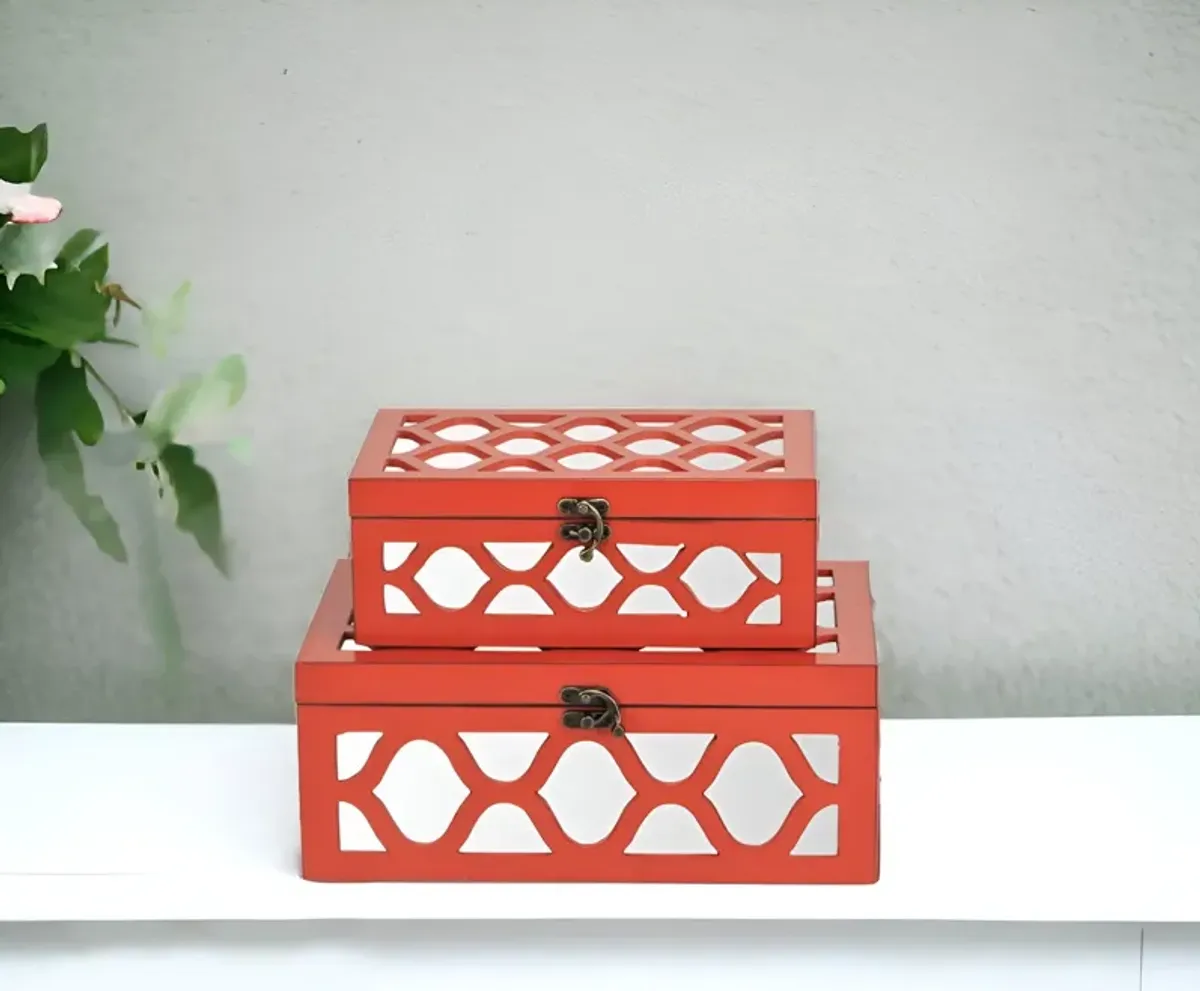 Quatrefoil Mirror Jewelry Storage Boxes (Set of 2) - Coral