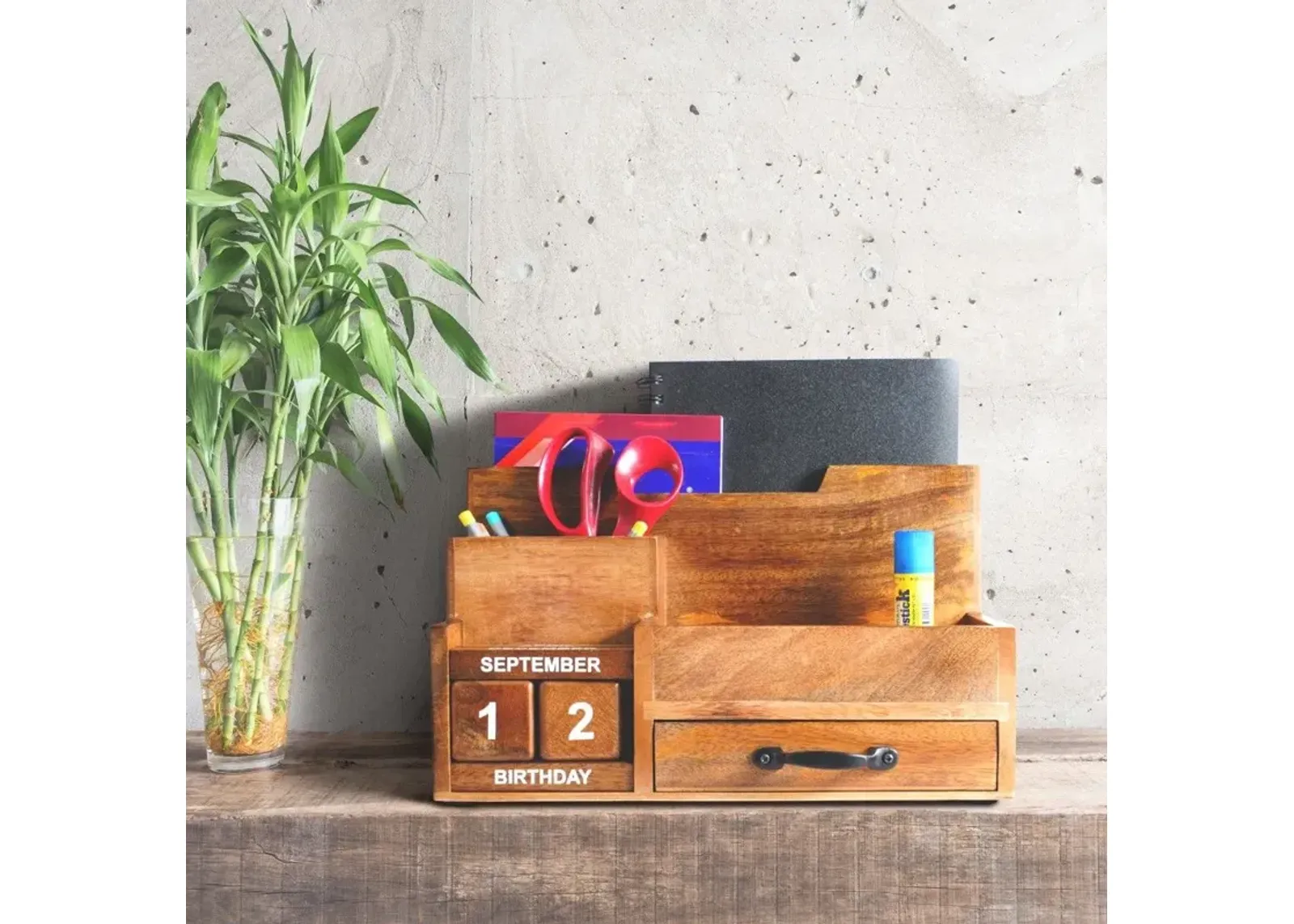 Rustic Wood Desk Or Counter Organizer - Natural