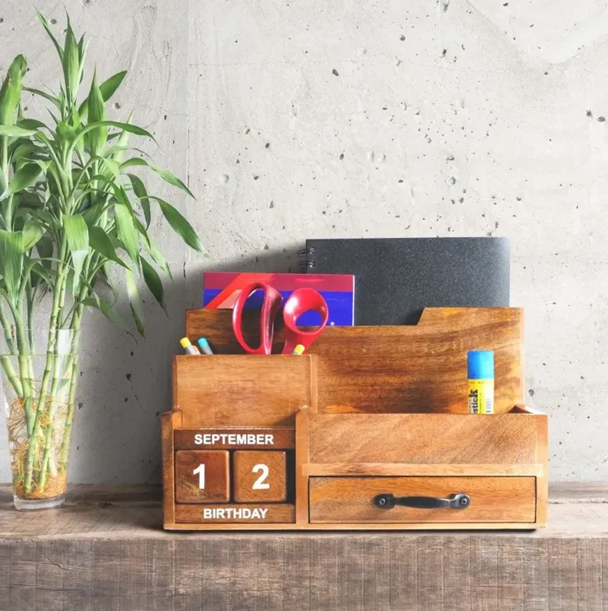 Rustic Wood Desk Or Counter Organizer - Natural