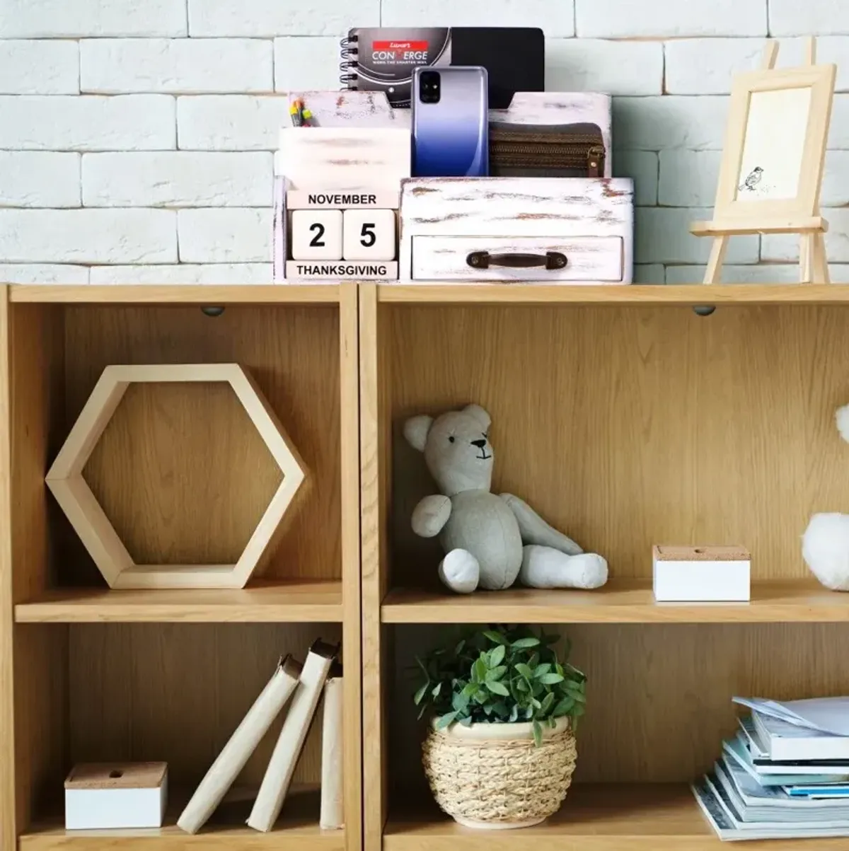 Rustic Wood Desk Or Counter Organizer - White