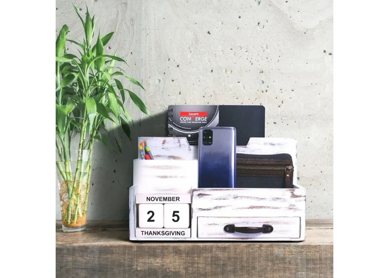 Rustic Wood Desk Or Counter Organizer - White