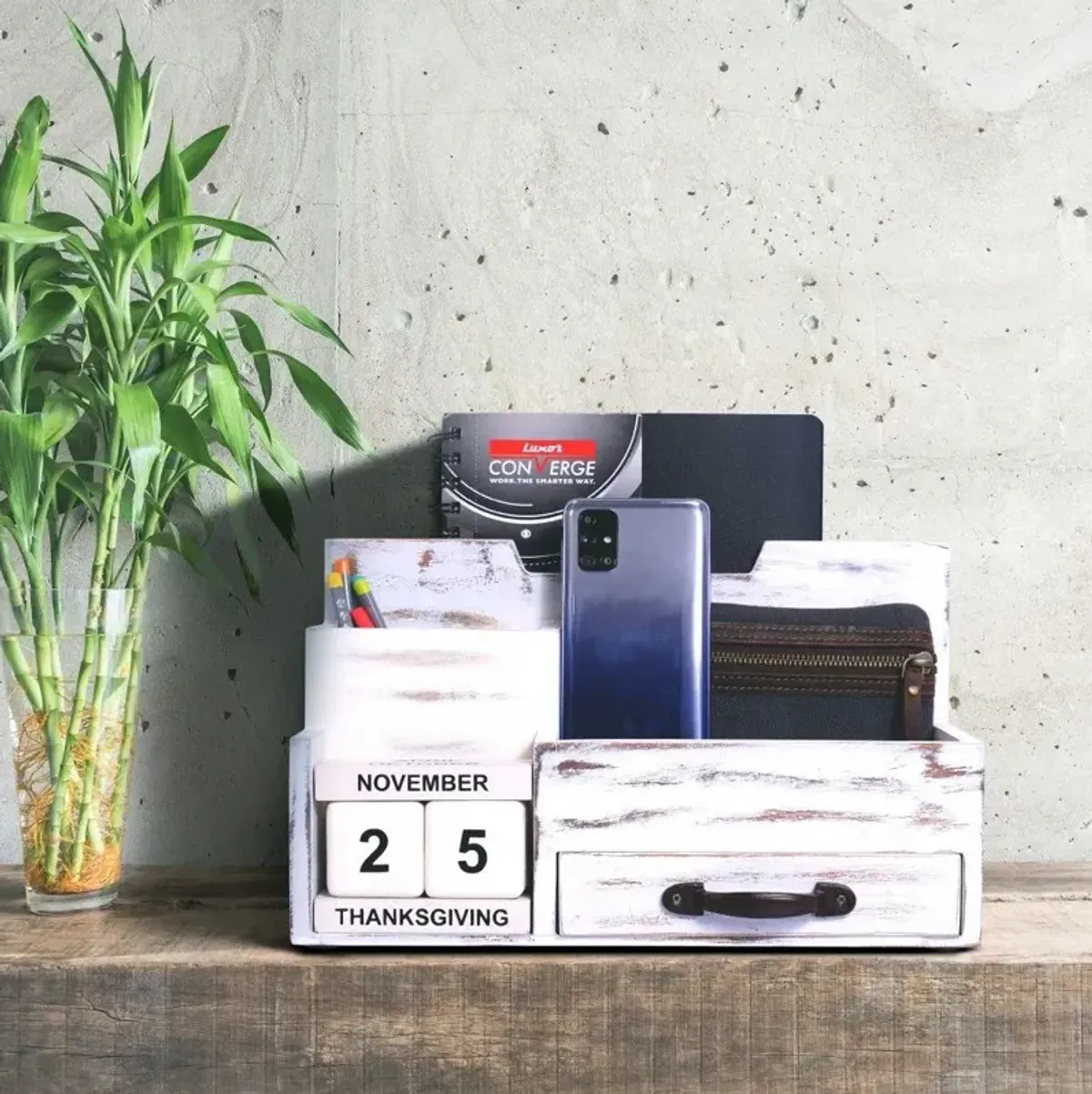 Rustic Wood Desk Or Counter Organizer - White