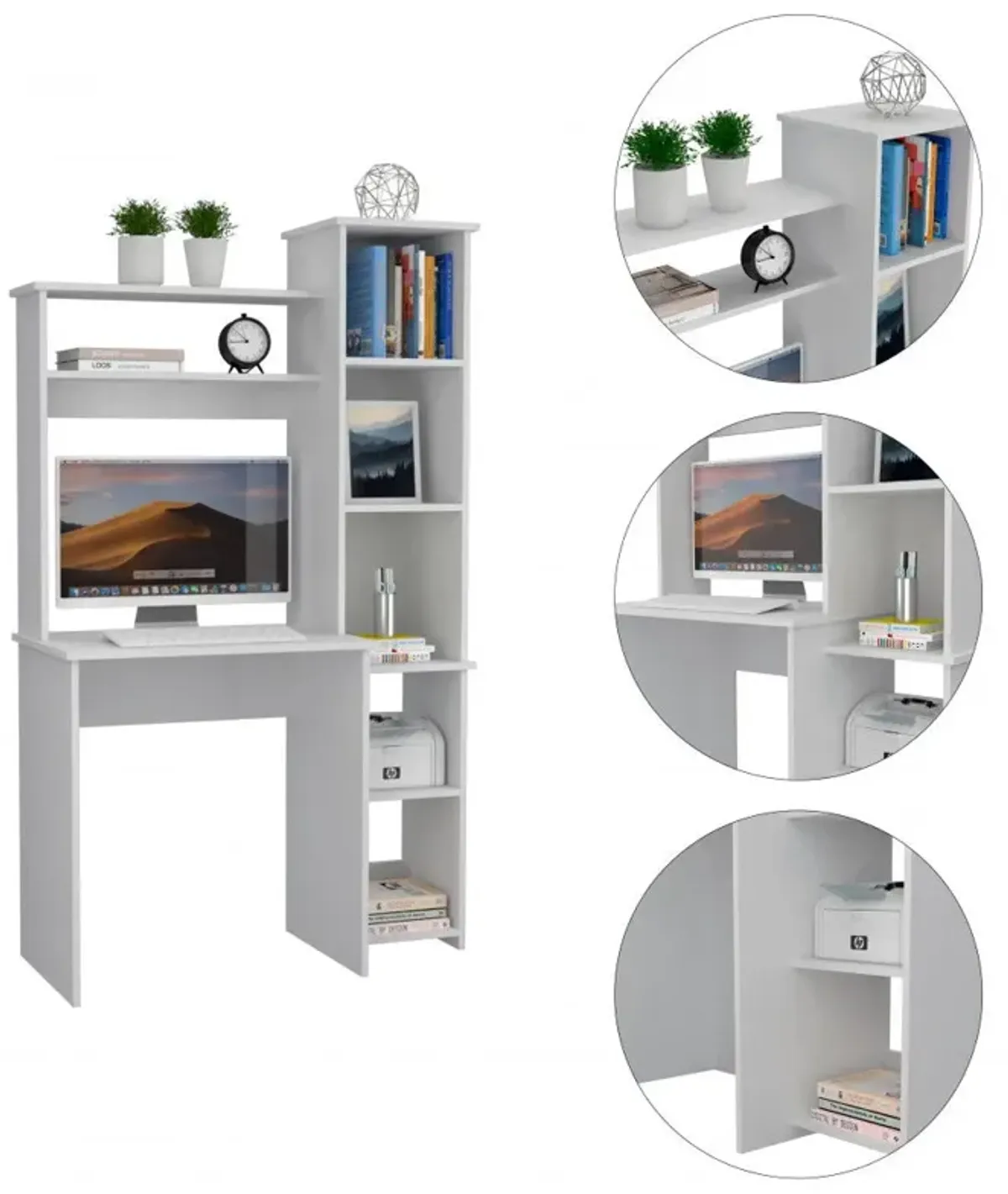 Modern Office Desk With Storage Cabinet - White