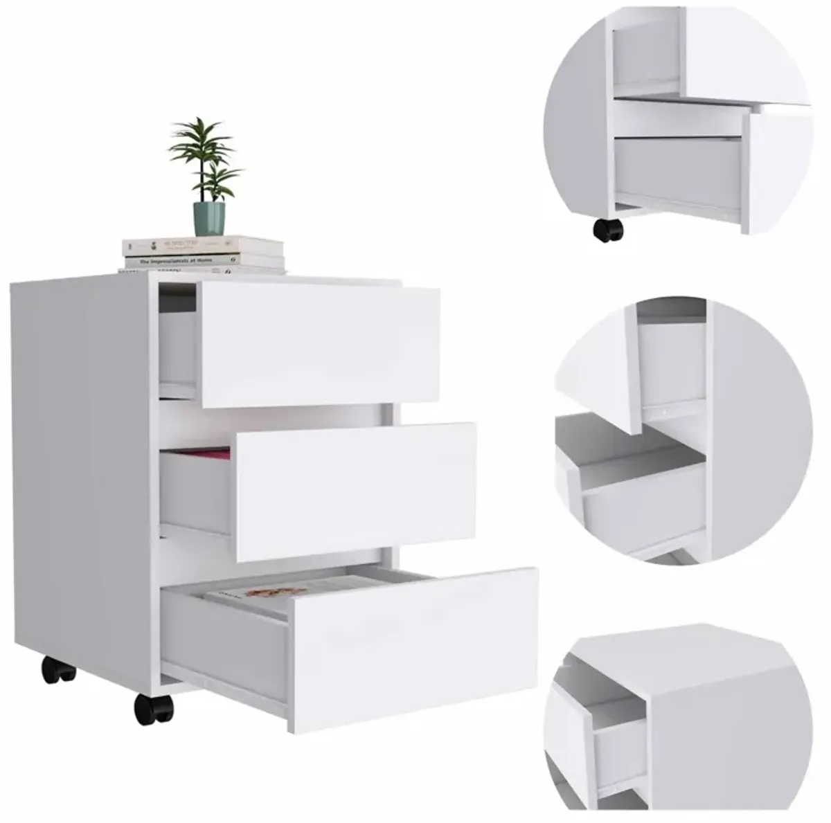 Three Drawer Rolling Cabinet - White