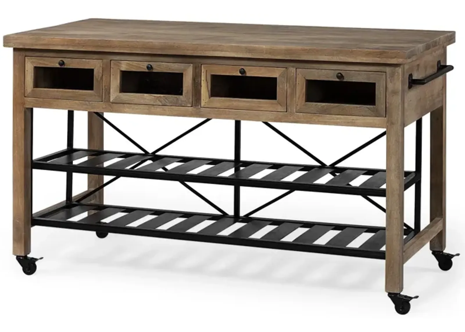 Solid Wood Top Kitchen Island With Two Tier Black Metal Rolling - Brown