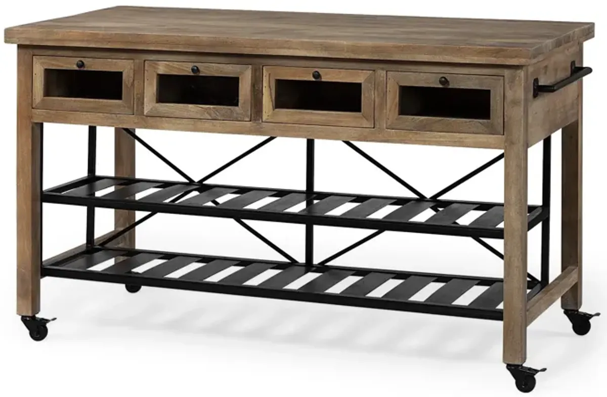 Solid Wood Top Kitchen Island With Two Tier Black Metal Rolling - Brown