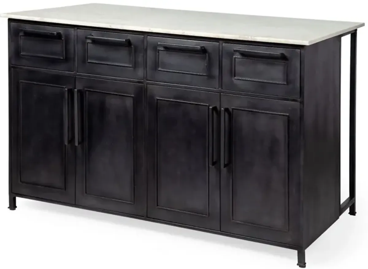 Solid Iron Body Marble Top Kitchen Island With 4 Drawer - Black / White