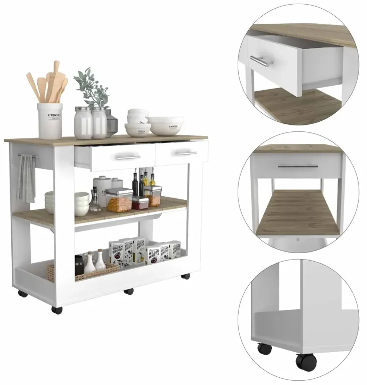 Kitchen Island With Drawer Shelves And Casters - Light Oak / White