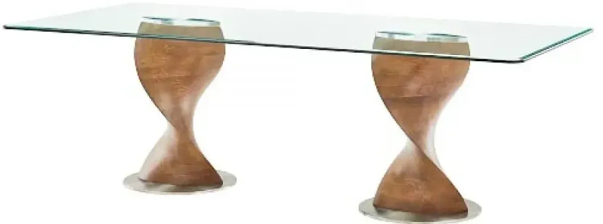 Rectangular Glass And Solid Wood Dining Table - Clear / Walnut