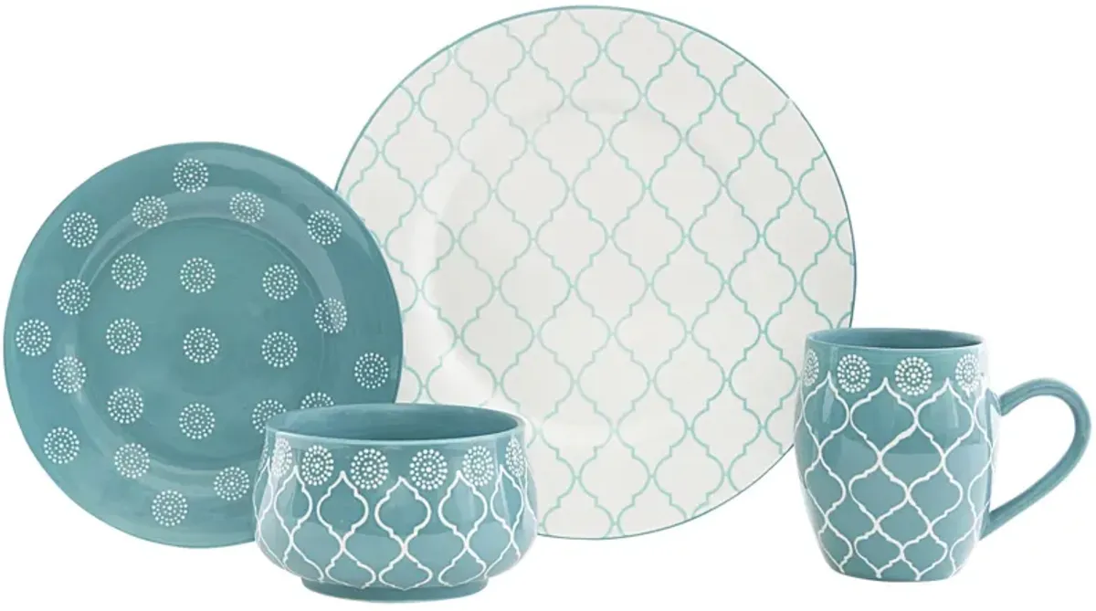 Sixteen Piece Round Trellis Ceramic Service For Four Dinnerware Set - Turquoise