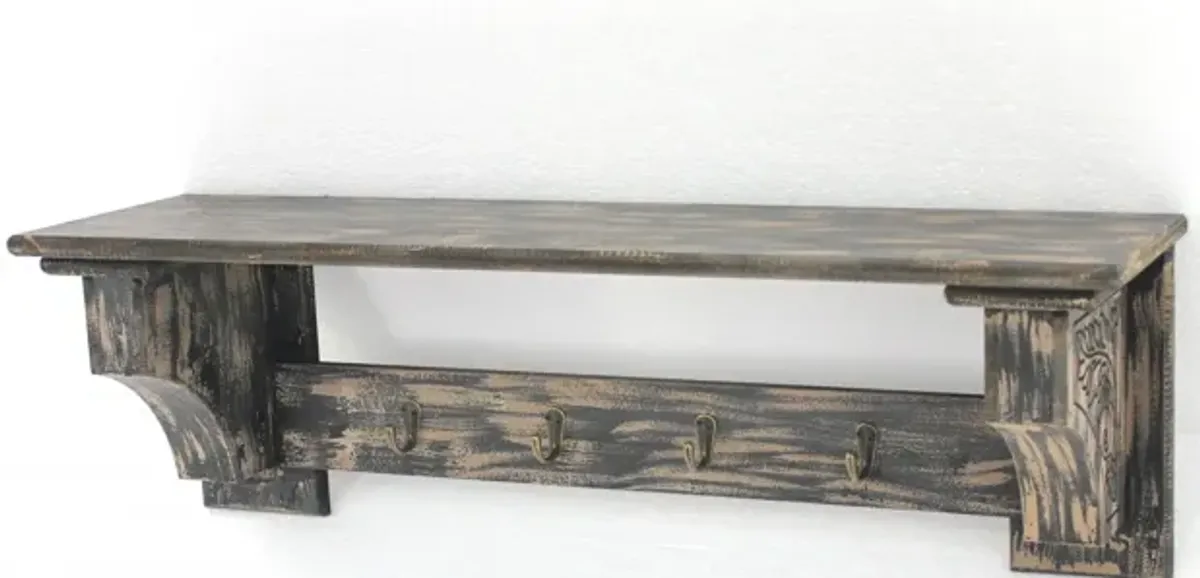 Vintage Wooden 4 Metal Hooks Wall Shelf - Black