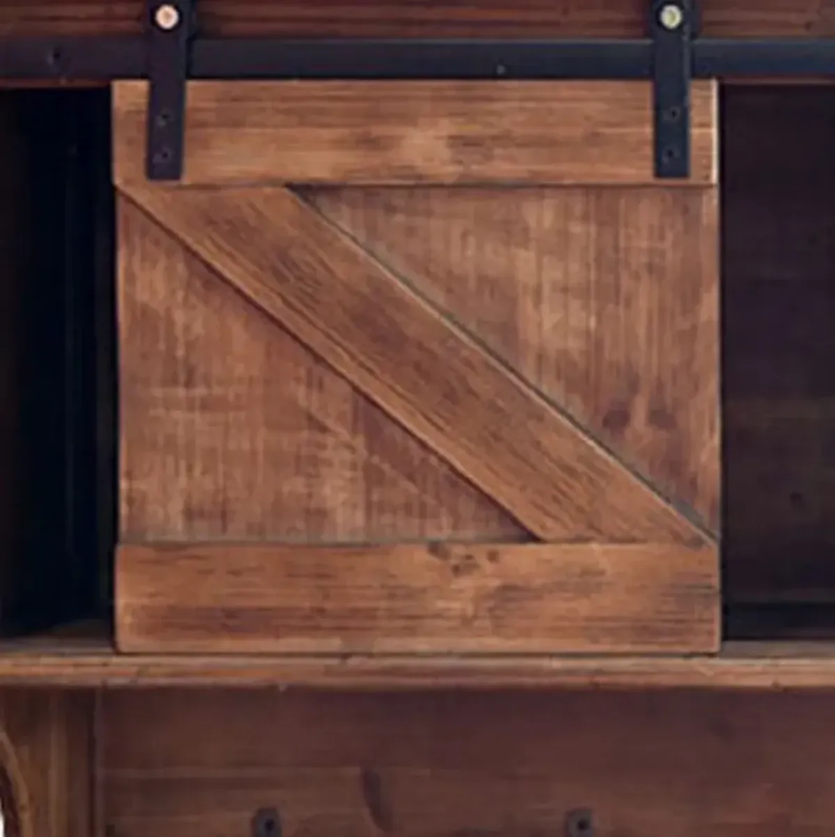 Wooden Shelf With Barn Door Storage And Hooks - Rustic