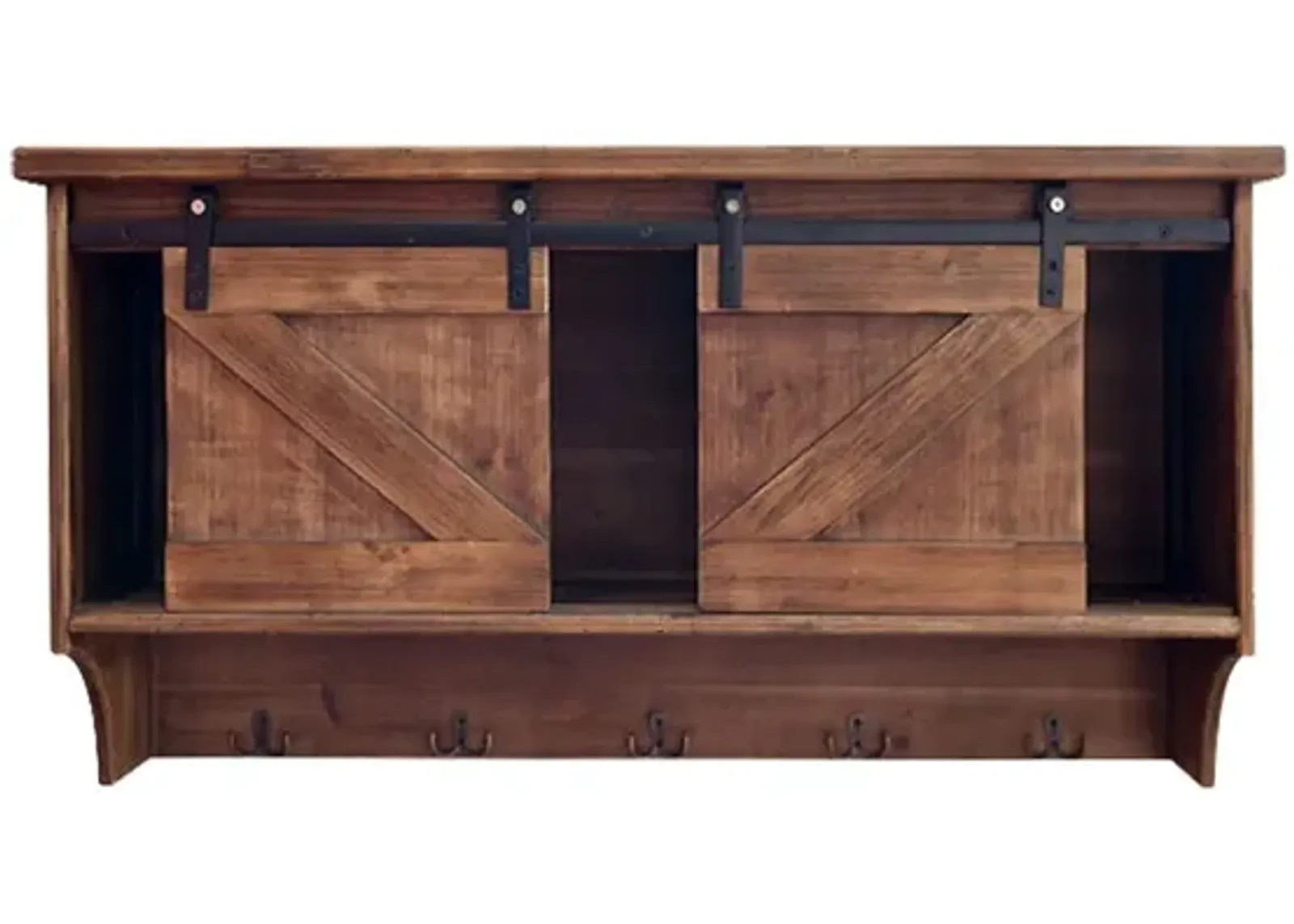 Wooden Shelf With Barn Door Storage And Hooks - Rustic