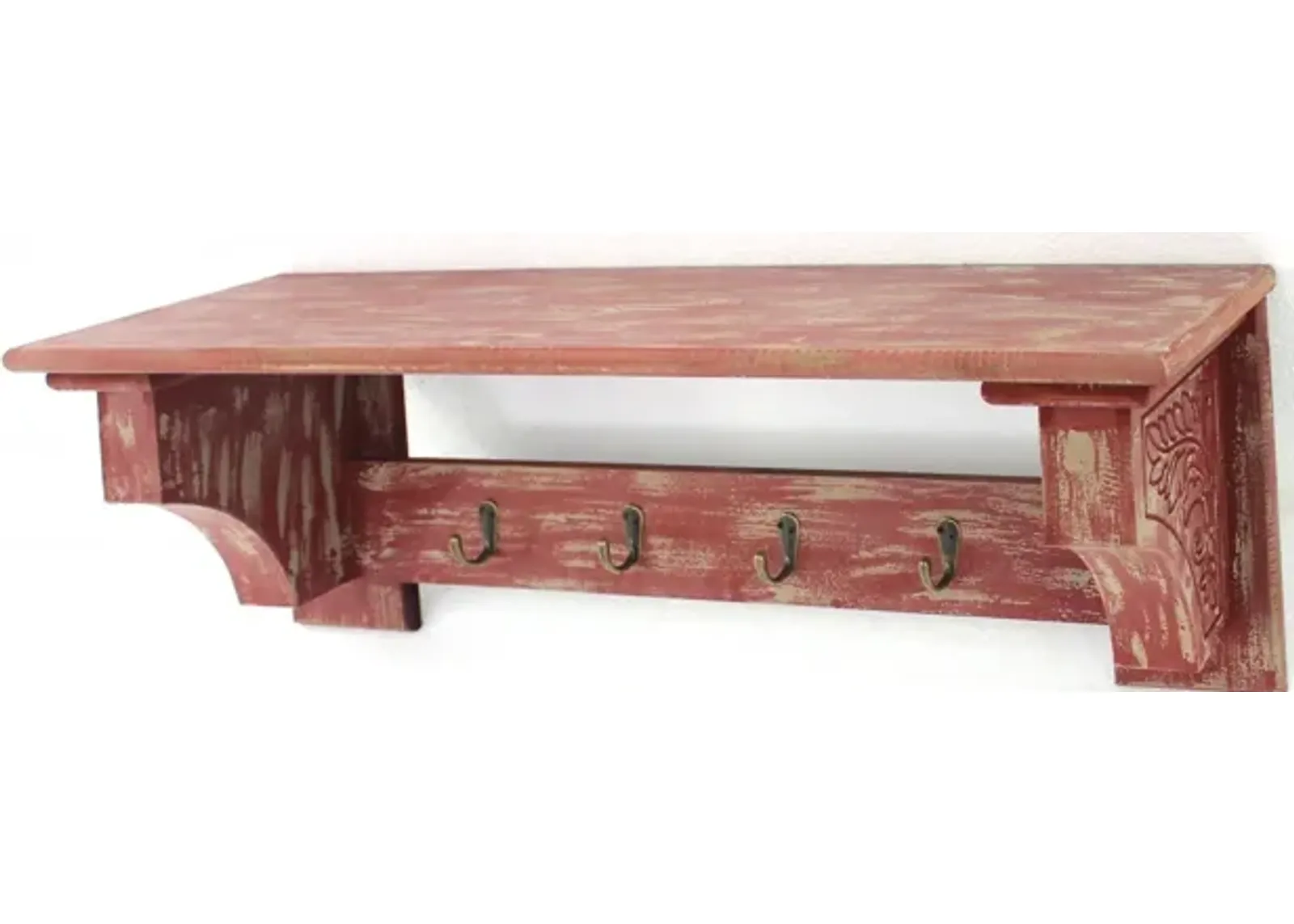 Vintage Wooden 4 Metal Hooks Wall Shelf - Red