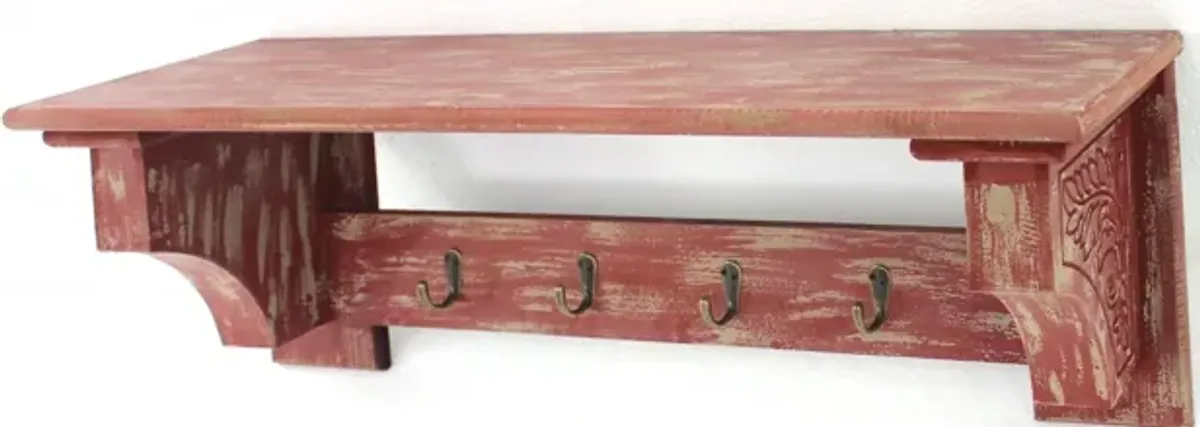 Vintage Wooden 4 Metal Hooks Wall Shelf - Red