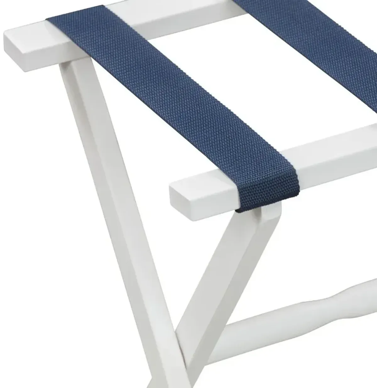 Hotel Wood Folding Luggage Rack With Navy Straps - White