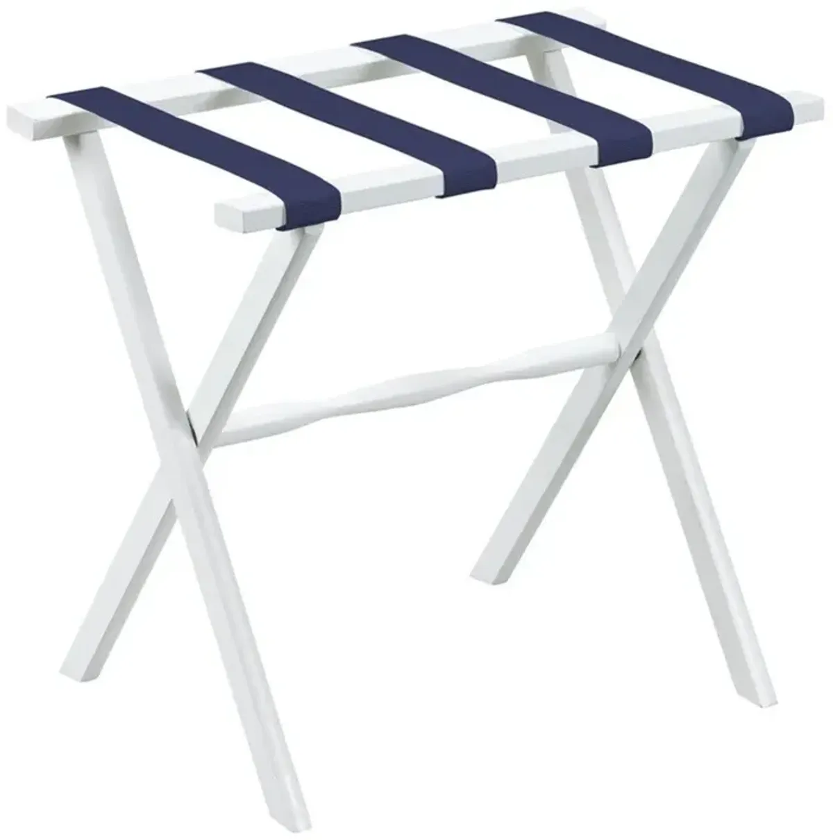 Hotel Wood Folding Luggage Rack With Navy Straps - White