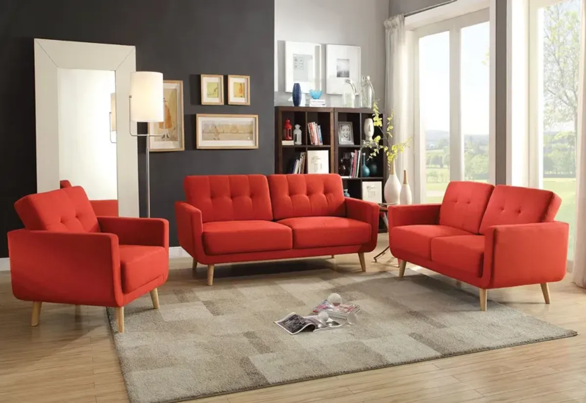 Linen Sofa With Wood Brown Legs - Red