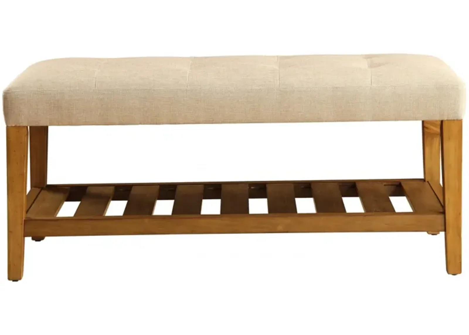 Upholstered Polyester Bench With Shelves - Beige / Brown