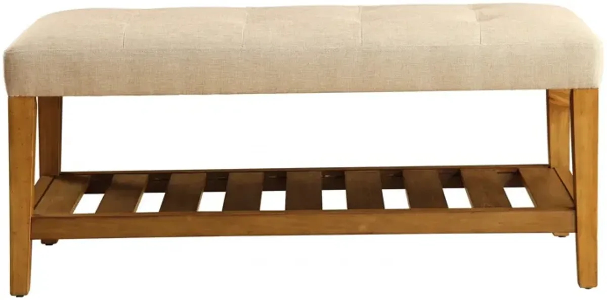 Upholstered Polyester Bench With Shelves - Beige / Brown