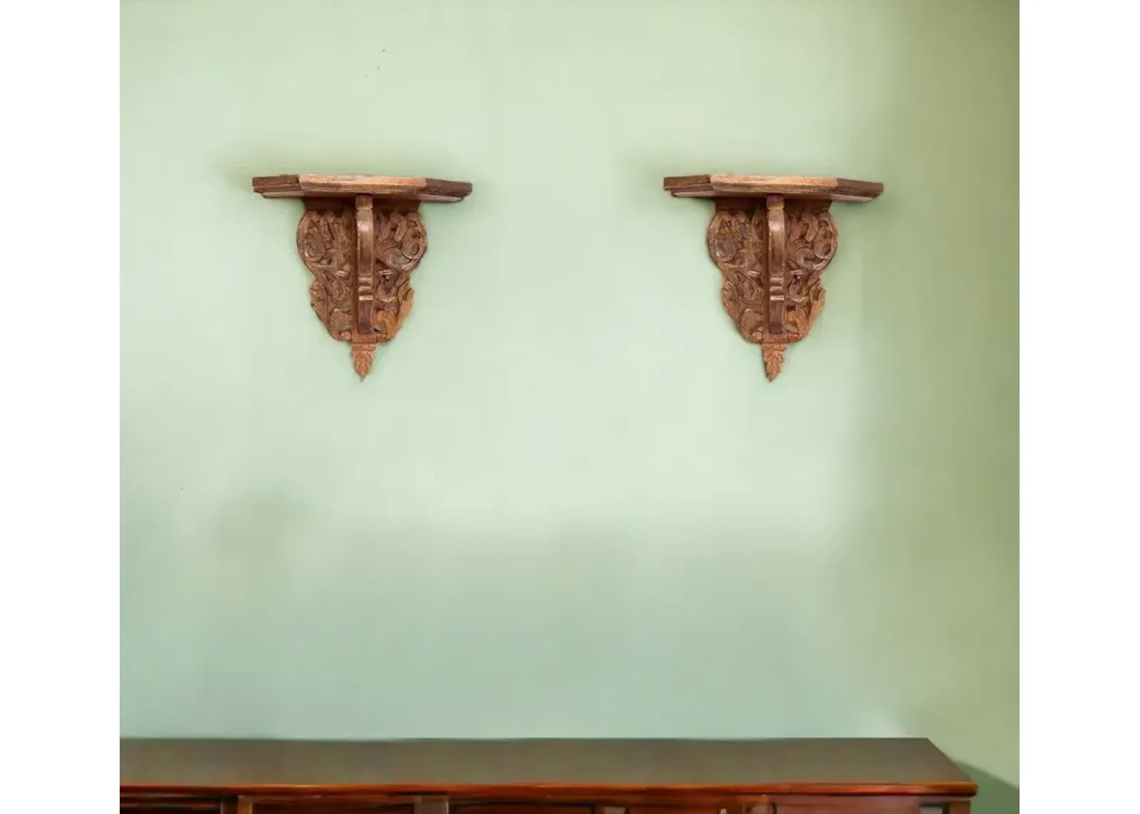 Set Of Two Boho Carved Wall Mounted Floating Shelves - Brown