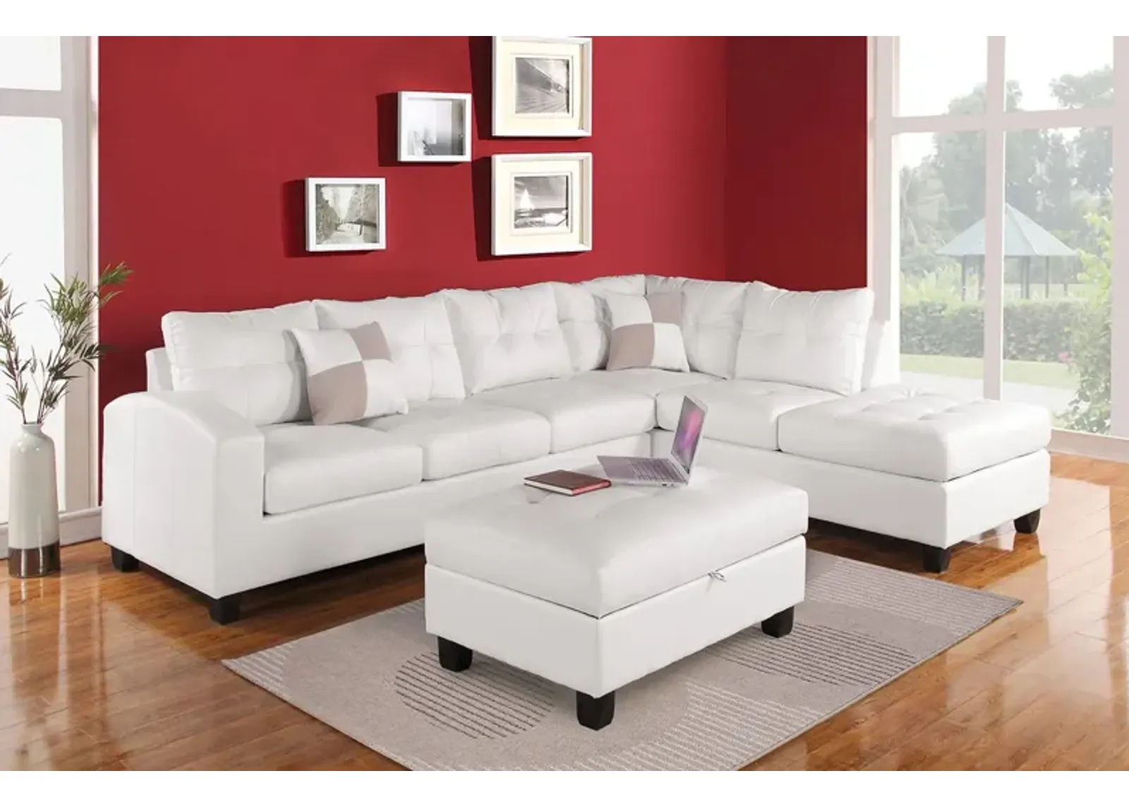 Bonded Leather Reversible Sectional Sofa With 2 Pillows - White