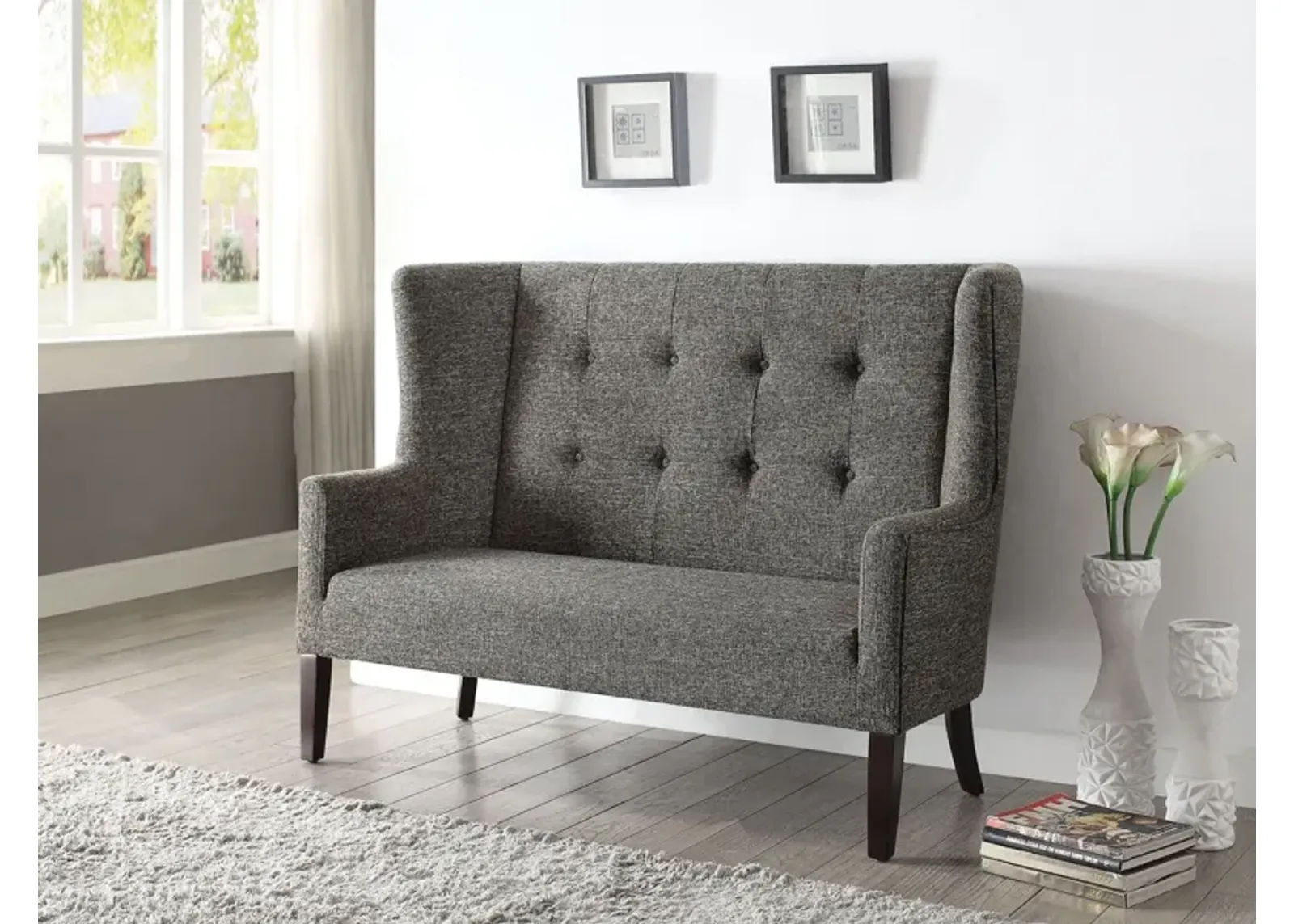 Fabric Settee With Chocolate Legs - Gray