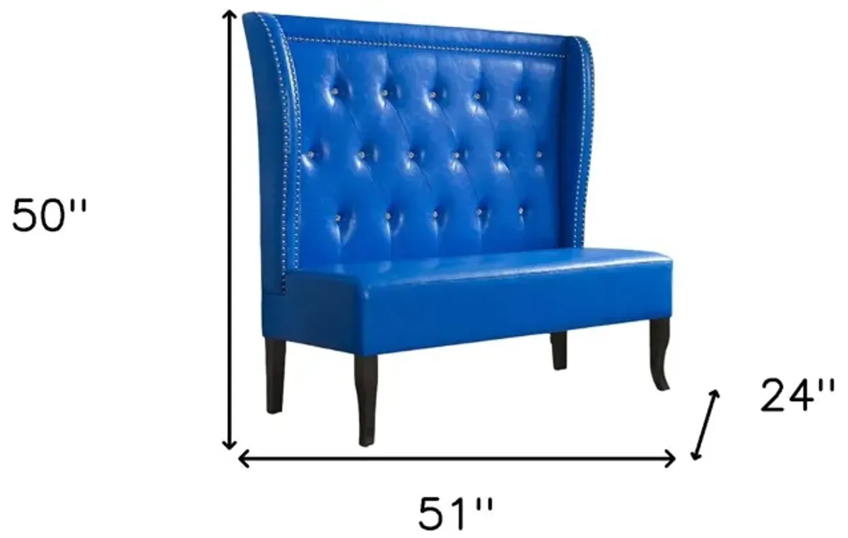 Faux Leather Settee With Dark Brown Legs - Blue