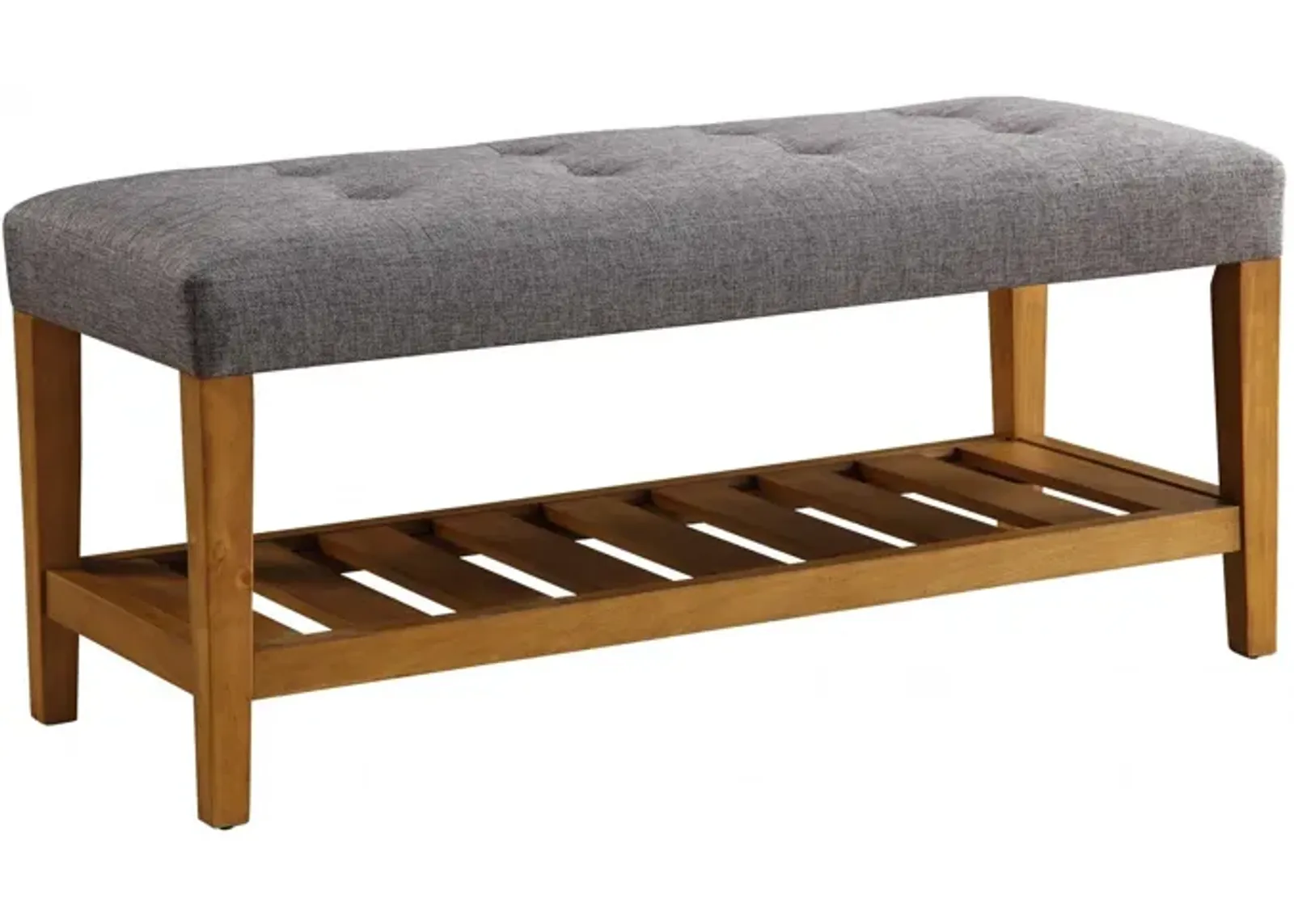 Upholstered Linen Blend Bench With Shelves - Gray / Brown