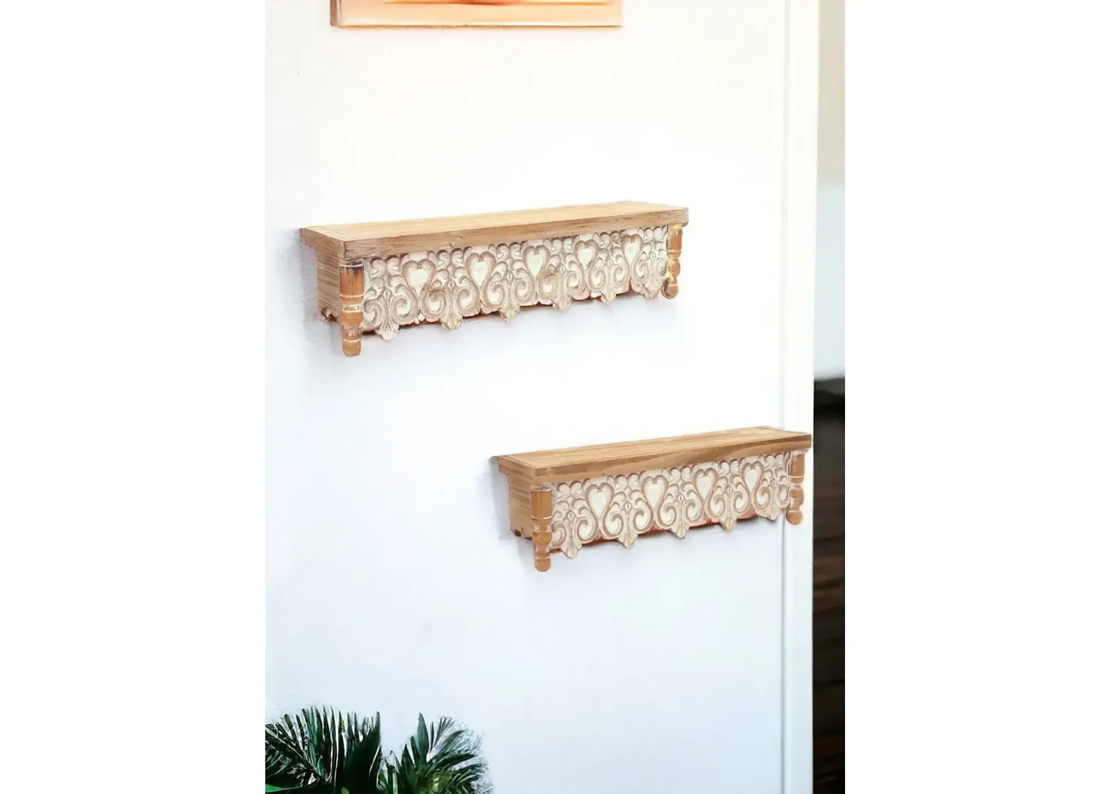 Set Of Two With Whitewash Solid Wood Wall Mounted Floating Shelves - Brown