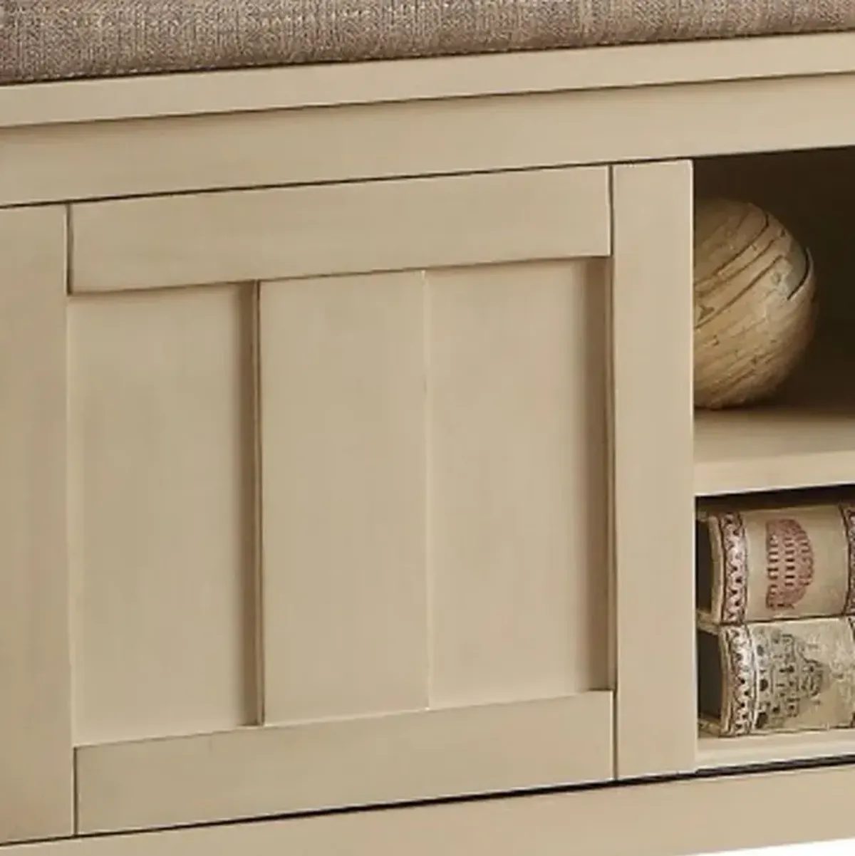 Upholstered Linen Blend Bench With Cabinet - Cream