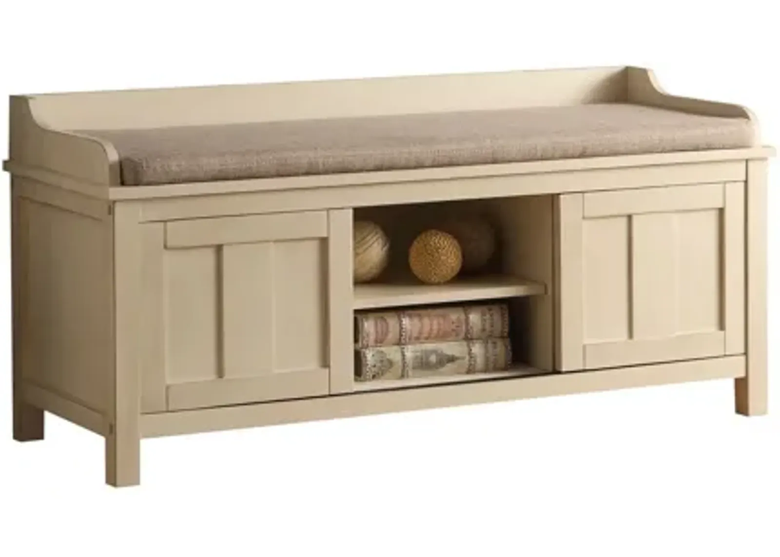 Upholstered Linen Blend Bench With Cabinet - Cream