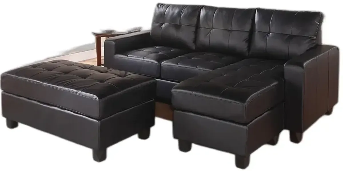 Faux Leather Stationary L Shaped Three Piece Sofa And Chaise - Black