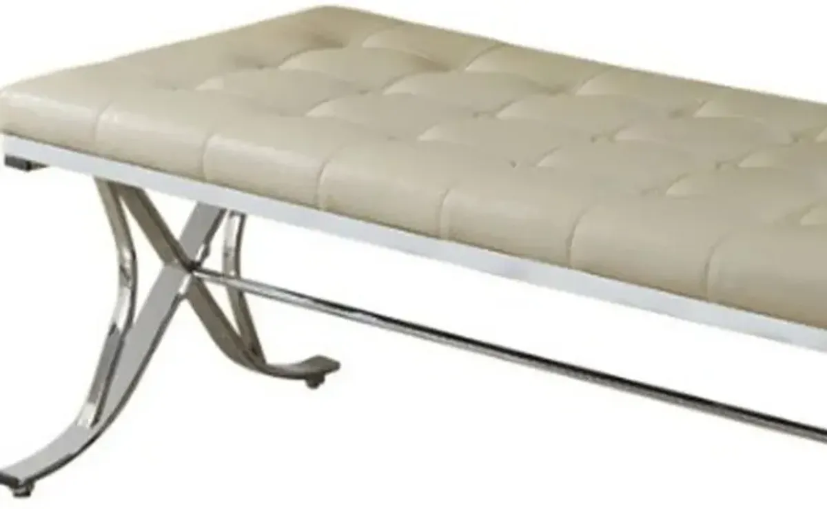 Upholstered Faux Leather Bench - Beige / Silver