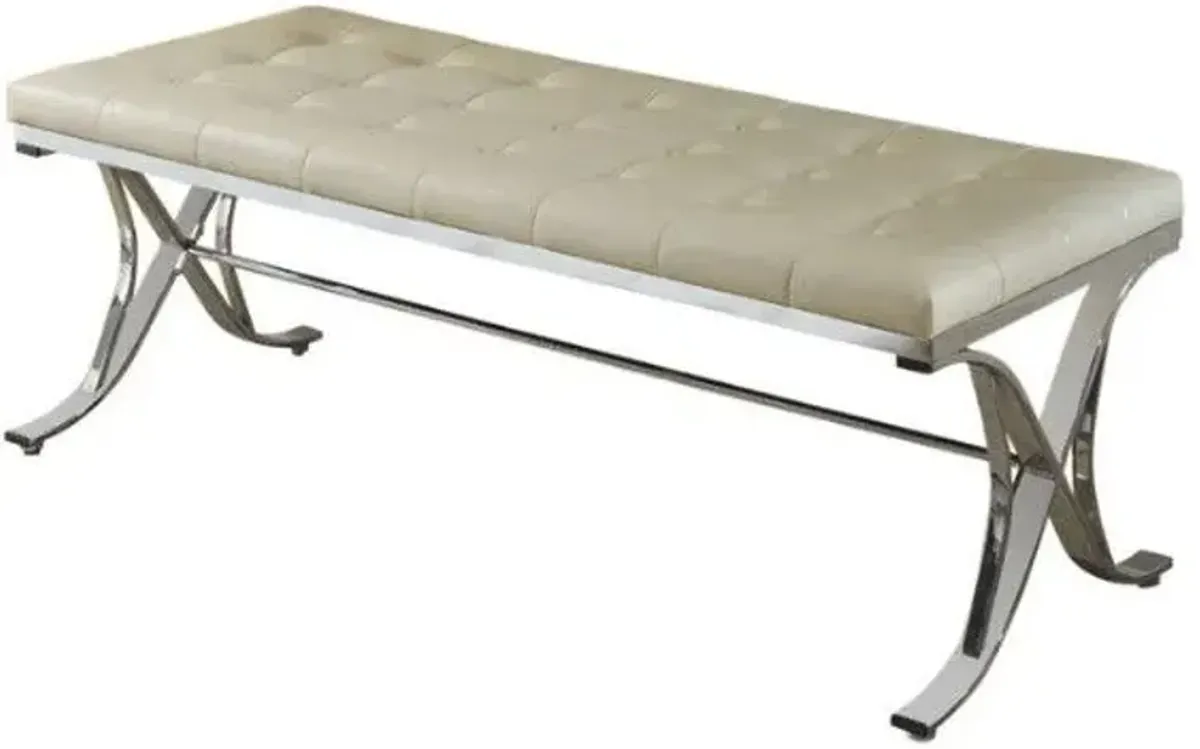 Upholstered Faux Leather Bench - Beige / Silver