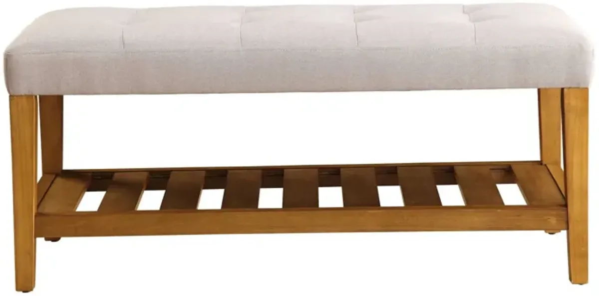 Upholstered Polyester Bench With Shelves - Light Gray / Brown