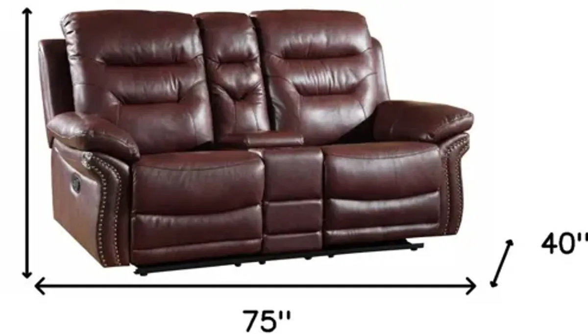 Faux Leather Manual Reclining Loveseat With Storage - Burgundy