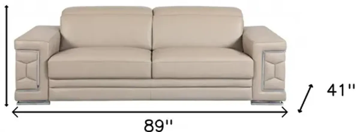 Italian Leather Sofa & Silver Legs - Beige