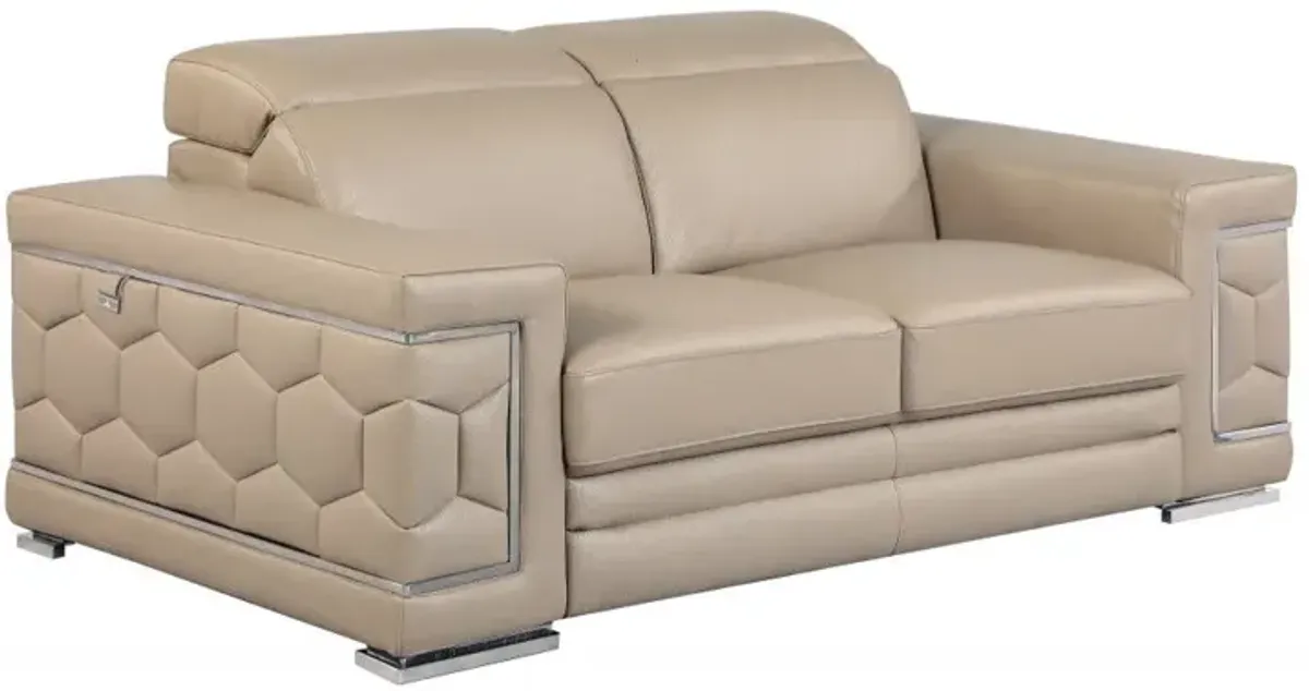 Genuine Leather Love Seat - Beige / Silver