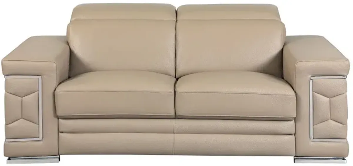 Genuine Leather Love Seat - Beige / Silver