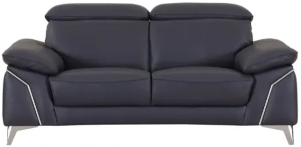 Genuine Leather Love Seat - Navy Blue / Silver
