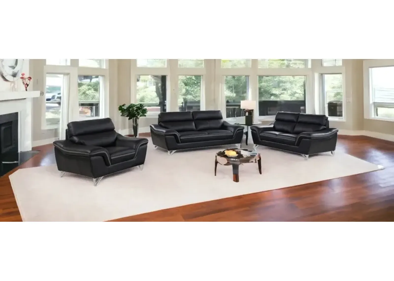 Three Piece Genuine Leather Indoor Six Person Seating Set - Black