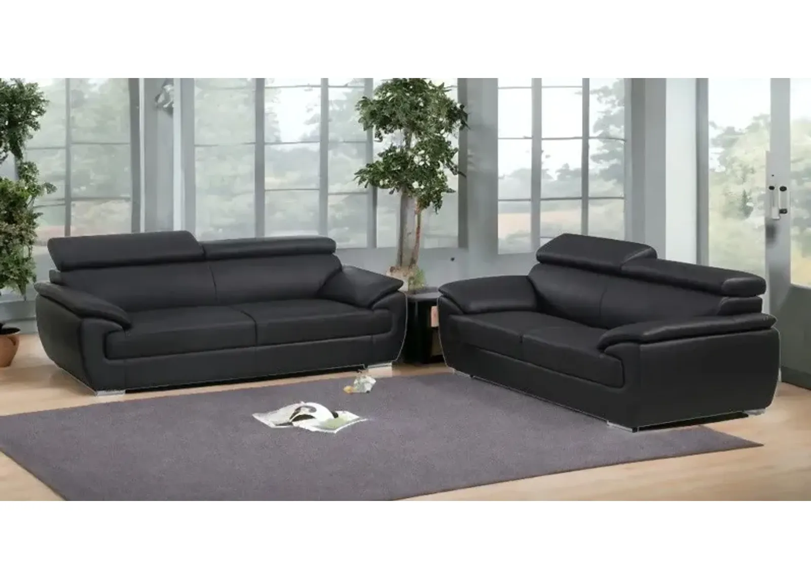 2 Piece Five Person Genuine Leather Indoor Seating Set - Black