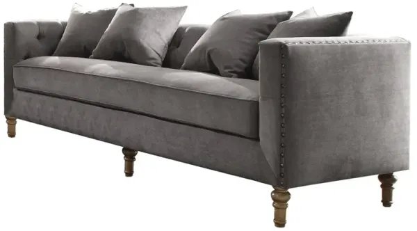 Velvet Sofa And Toss Pillows With Brown Legs - Gray